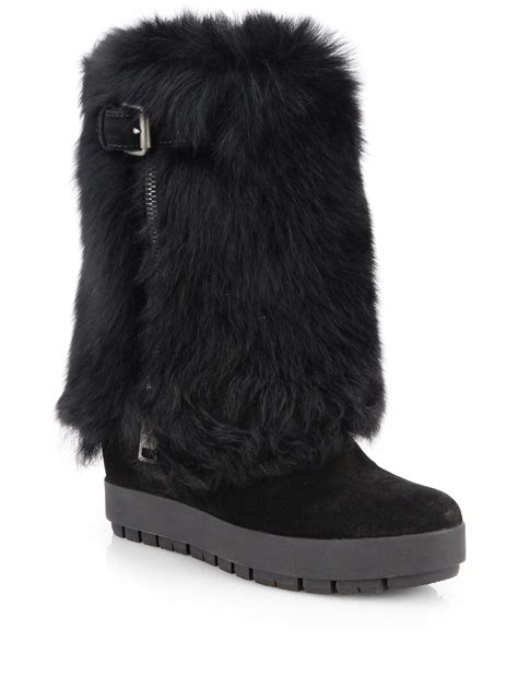 prada suede shearling wedge over the knee boots